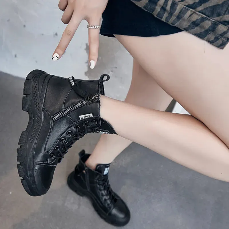 RICY™ LEATHER LIGHTWEIGHT LACE-UP ZIPPER ANKLE BOOTS