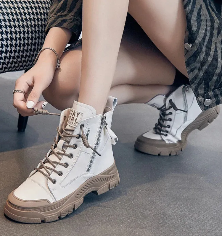 RICY™ LEATHER LIGHTWEIGHT LACE-UP ZIPPER ANKLE BOOTS
