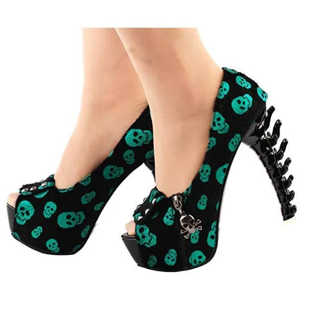 Shimmering Green Skull Cross bone High Heels