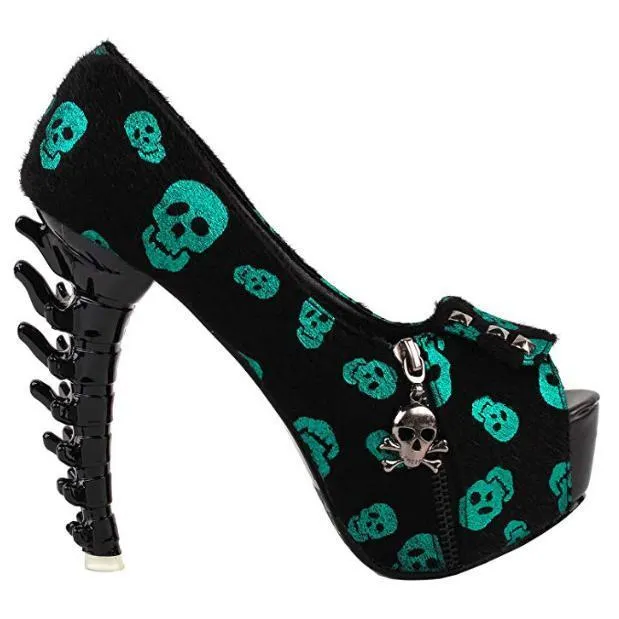 Shimmering Green Skull Cross bone High Heels