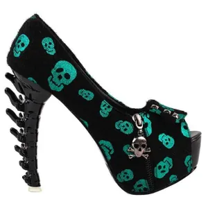 Shimmering Green Skull Cross bone High Heels