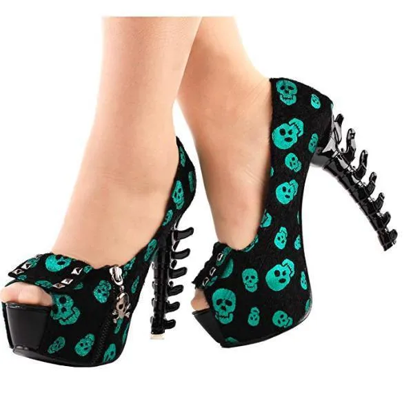 Shimmering Green Skull Cross bone High Heels