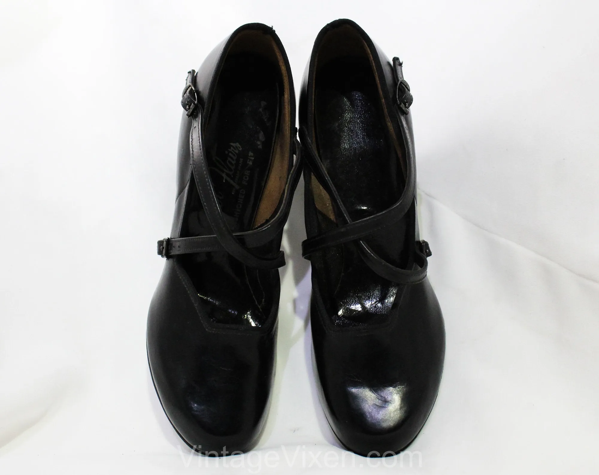 Size 5 1940s Black Leather Shoes - Unworn Beautiful 40s Pumps with Criss Cross Buckles - Rounded Toe High Heels - Pin Up Girl NOS Deadstock