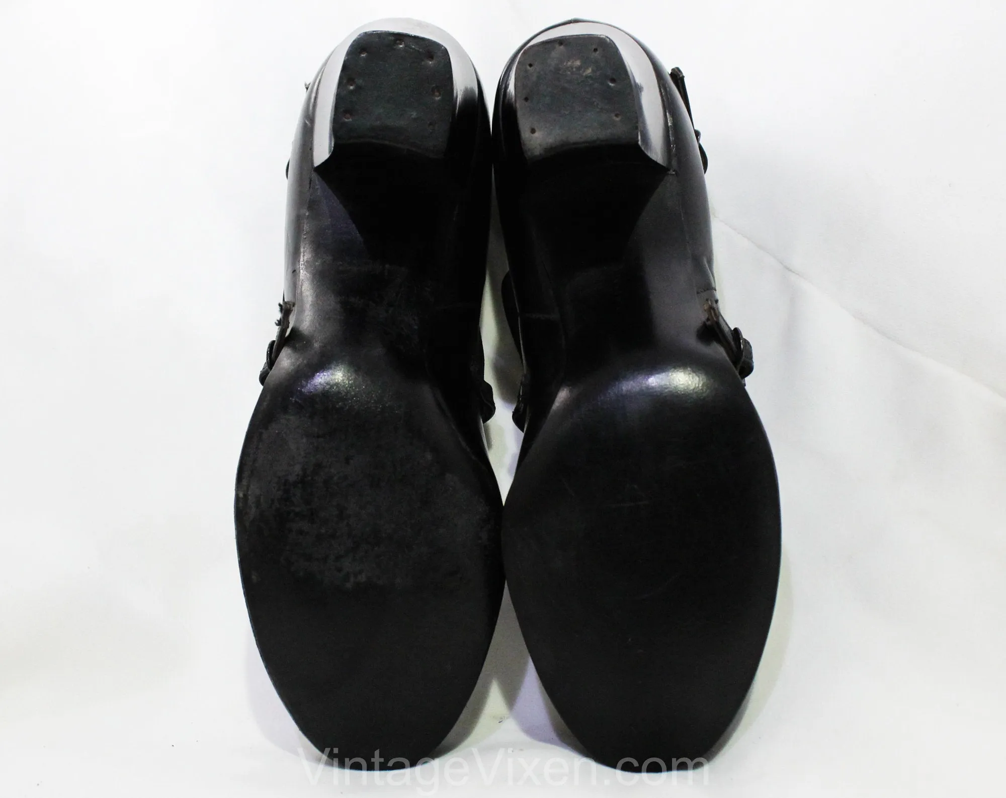 Size 5 1940s Black Leather Shoes - Unworn Beautiful 40s Pumps with Criss Cross Buckles - Rounded Toe High Heels - Pin Up Girl NOS Deadstock