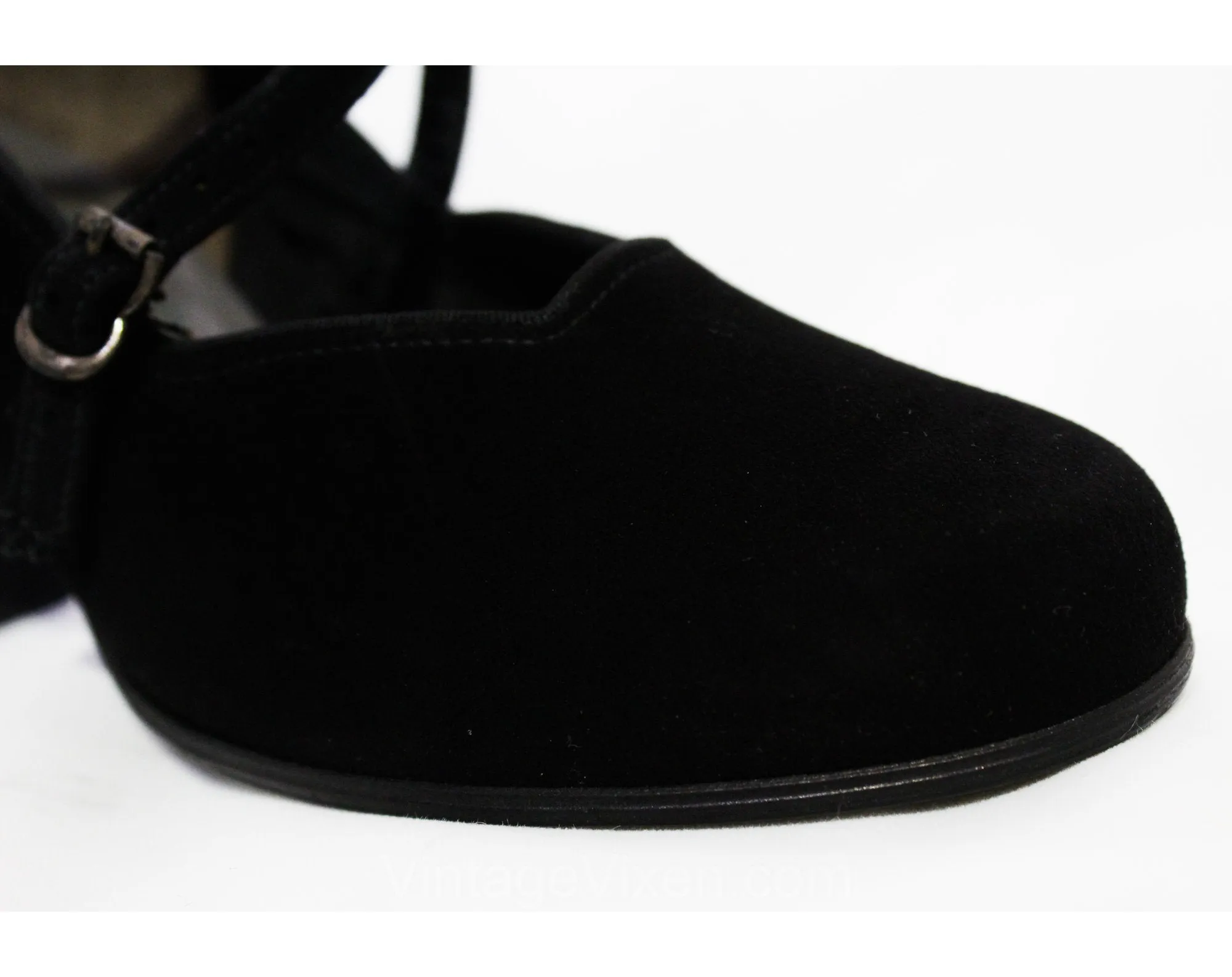Size 5 1940s Black Suede Shoes - Unworn Beautiful 40s Pumps with Criss Cross Buckles - Rounded Toe High Heels - Pin Up Girl NOS Deadstock