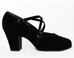Size 5 1940s Black Suede Shoes - Unworn Beautiful 40s Pumps with Criss Cross Buckles - Rounded Toe High Heels - Pin Up Girl NOS Deadstock