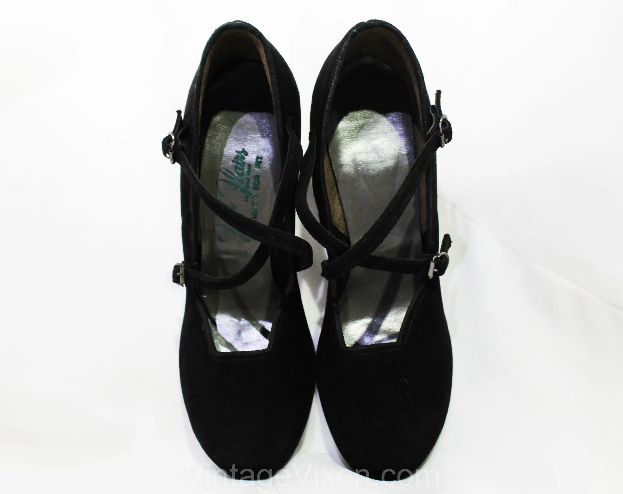 Size 5 1940s Black Suede Shoes - Unworn Beautiful 40s Pumps with Criss Cross Buckles - Rounded Toe High Heels - Pin Up Girl NOS Deadstock