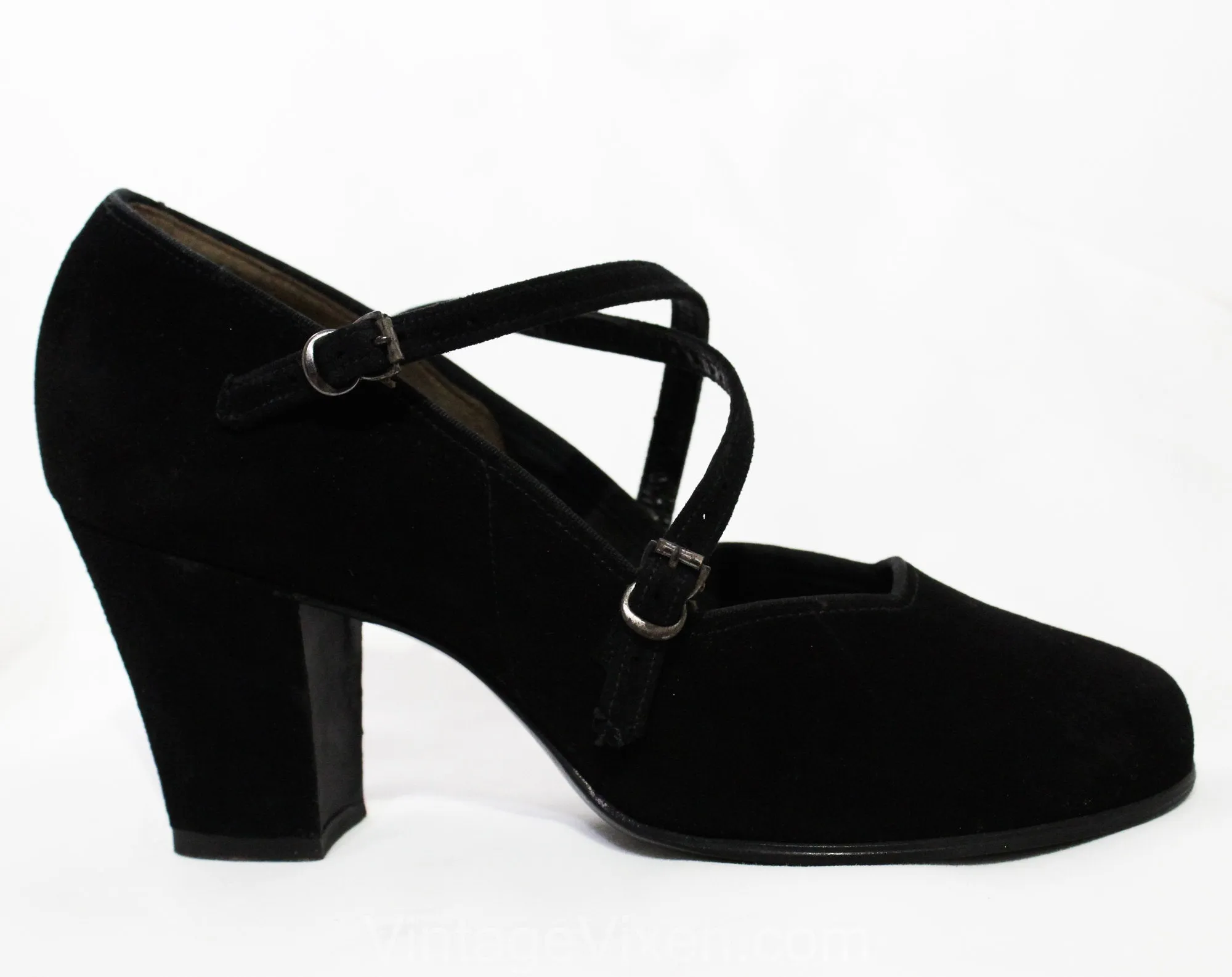 Size 5 1940s Black Suede Shoes - Unworn Beautiful 40s Pumps with Criss Cross Buckles - Rounded Toe High Heels - Pin Up Girl NOS Deadstock