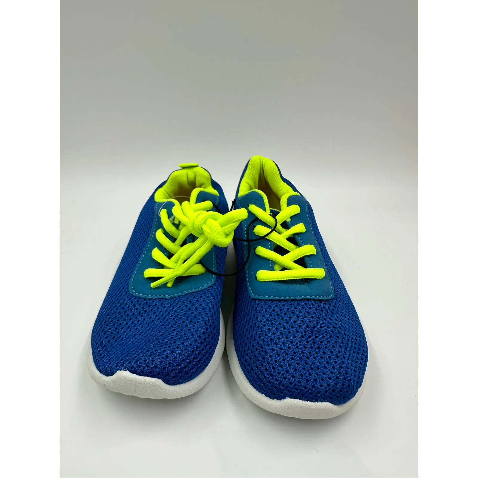 Small Kid Size 12, Blue and Neon Trim Sneakers, Neon Laces, White Sole