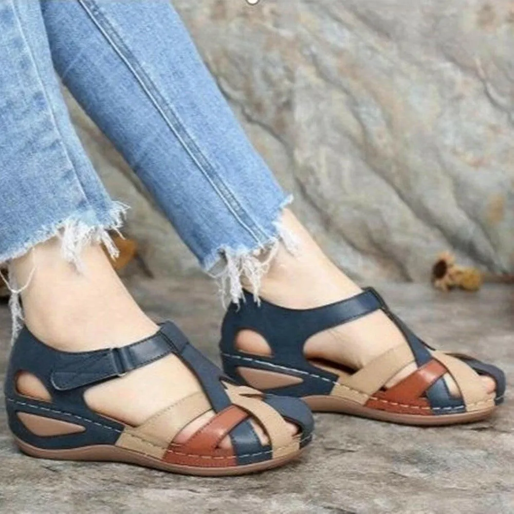 Summer Retro Women's Sandals Car Line Light Soft Bottom Large Size Cross Buckle Round Toe Comfortable Wedge Sandals Ladies Sandals