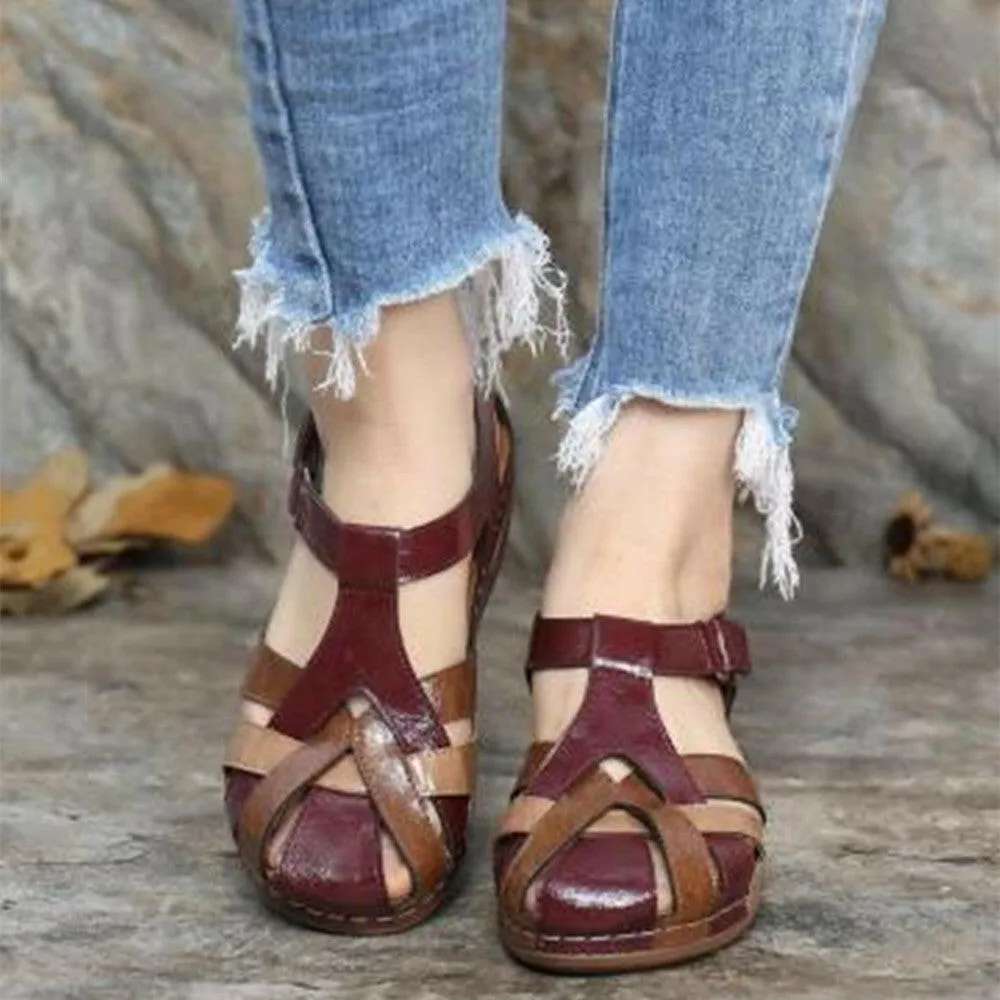 Summer Retro Women's Sandals Car Line Light Soft Bottom Large Size Cross Buckle Round Toe Comfortable Wedge Sandals Ladies Sandals