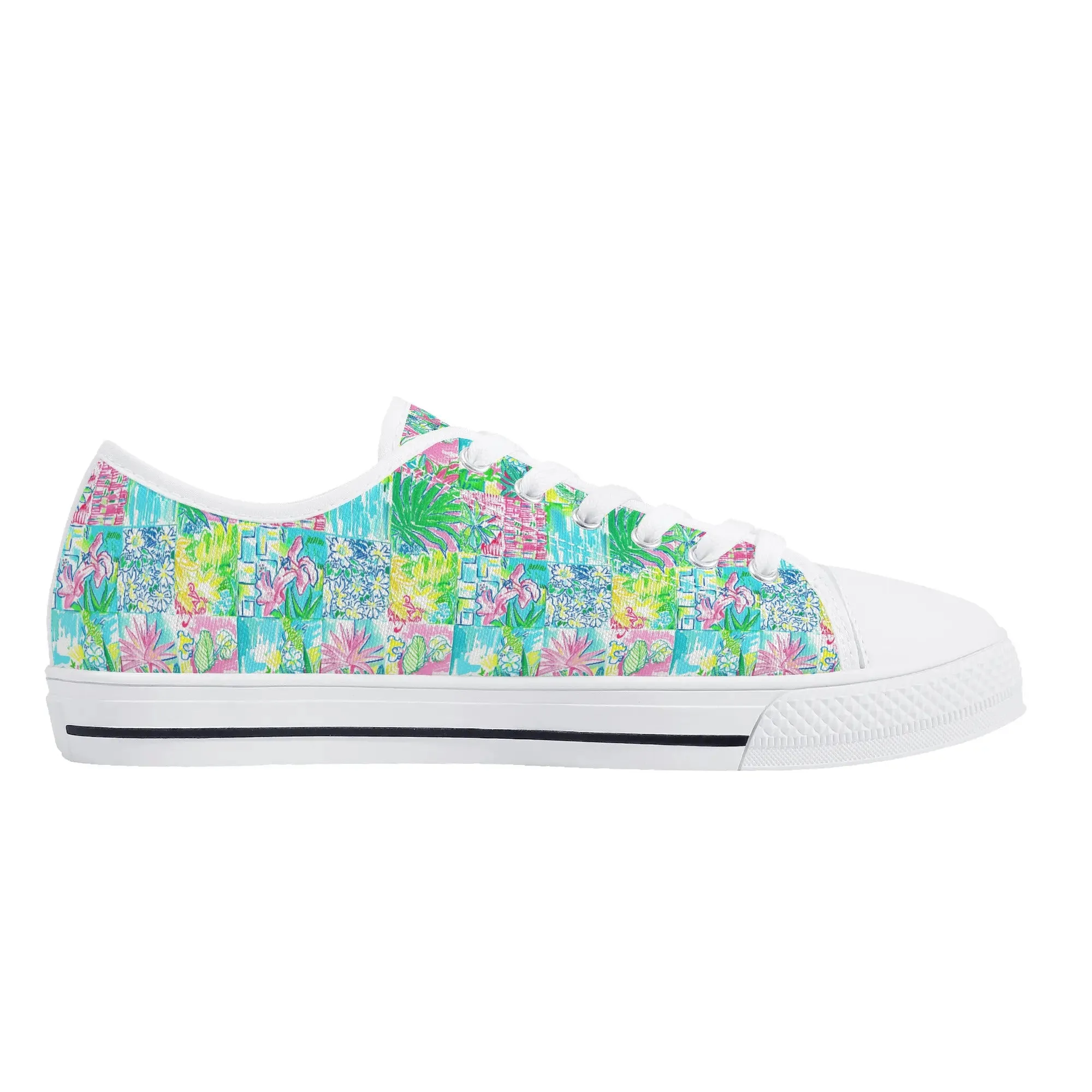 Whimsical Palm Trees and Flowers in Vibrant Pink, Teal, and Green Collage Print Womens Low Top Canvas Sneakers US5.5 - US12