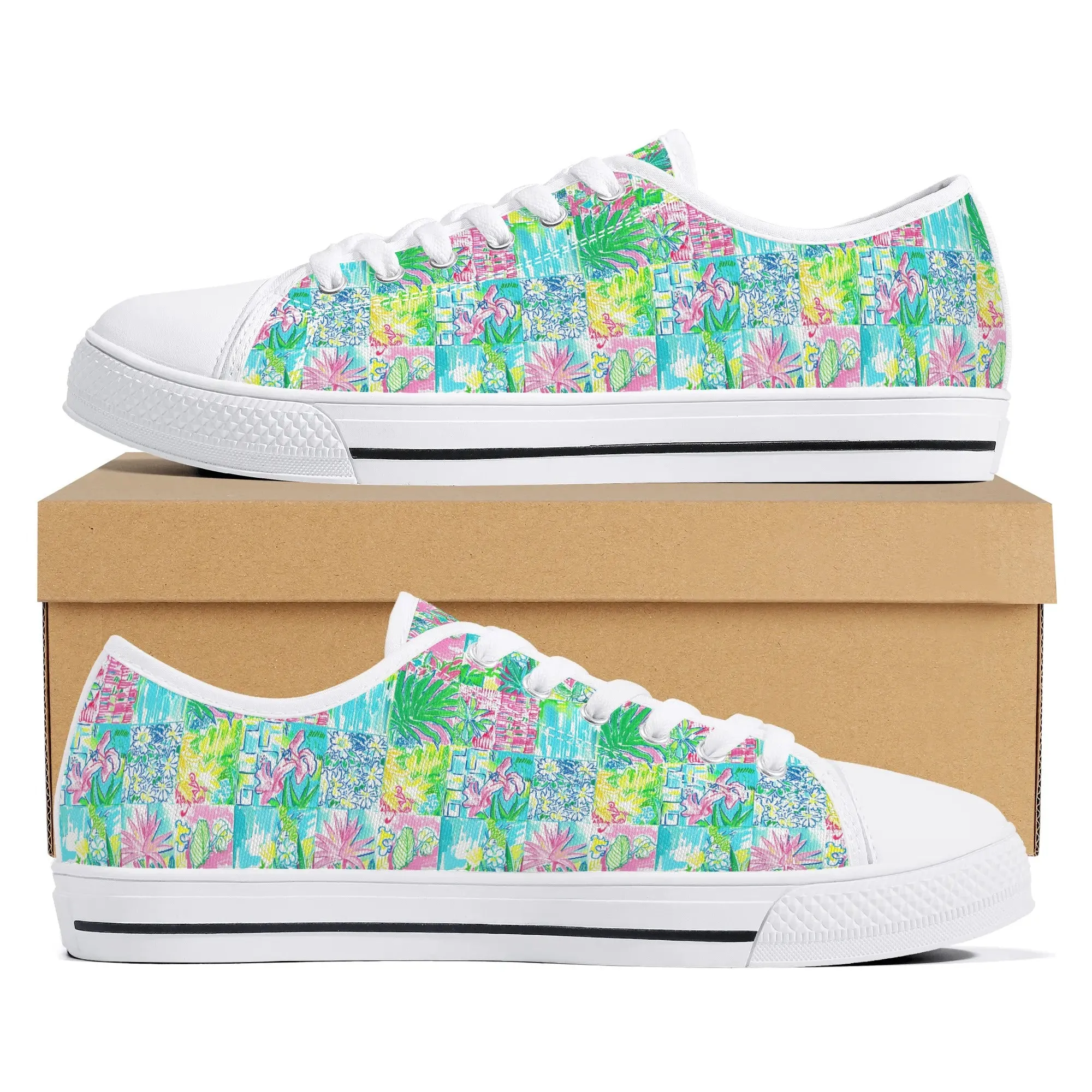 Whimsical Palm Trees and Flowers in Vibrant Pink, Teal, and Green Collage Print Womens Low Top Canvas Sneakers US5.5 - US12