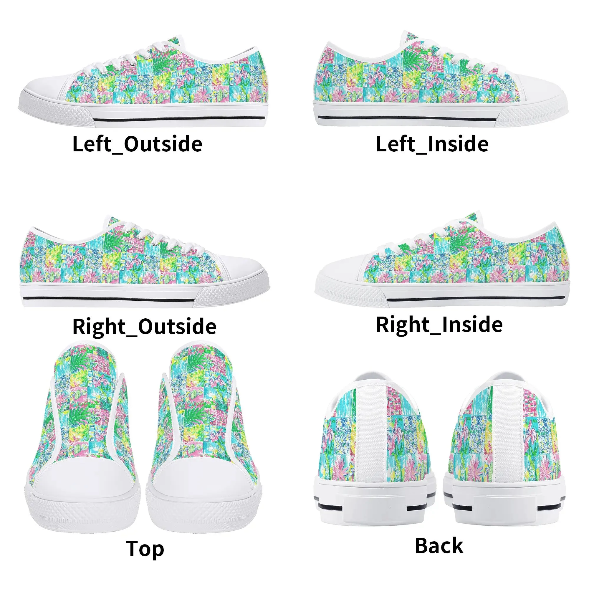 Whimsical Palm Trees and Flowers in Vibrant Pink, Teal, and Green Collage Print Womens Low Top Canvas Sneakers US5.5 - US12