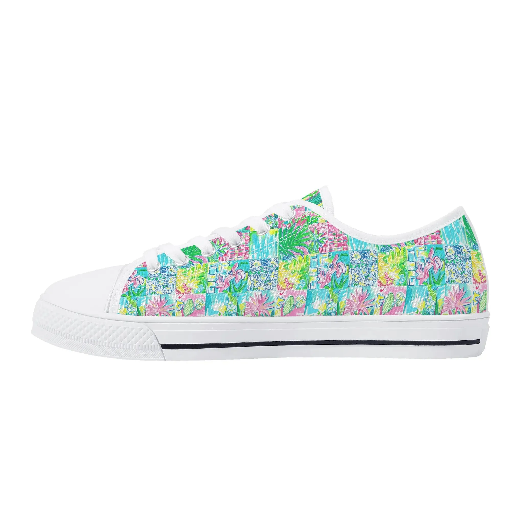 Whimsical Palm Trees and Flowers in Vibrant Pink, Teal, and Green Collage Print Womens Low Top Canvas Sneakers US5.5 - US12