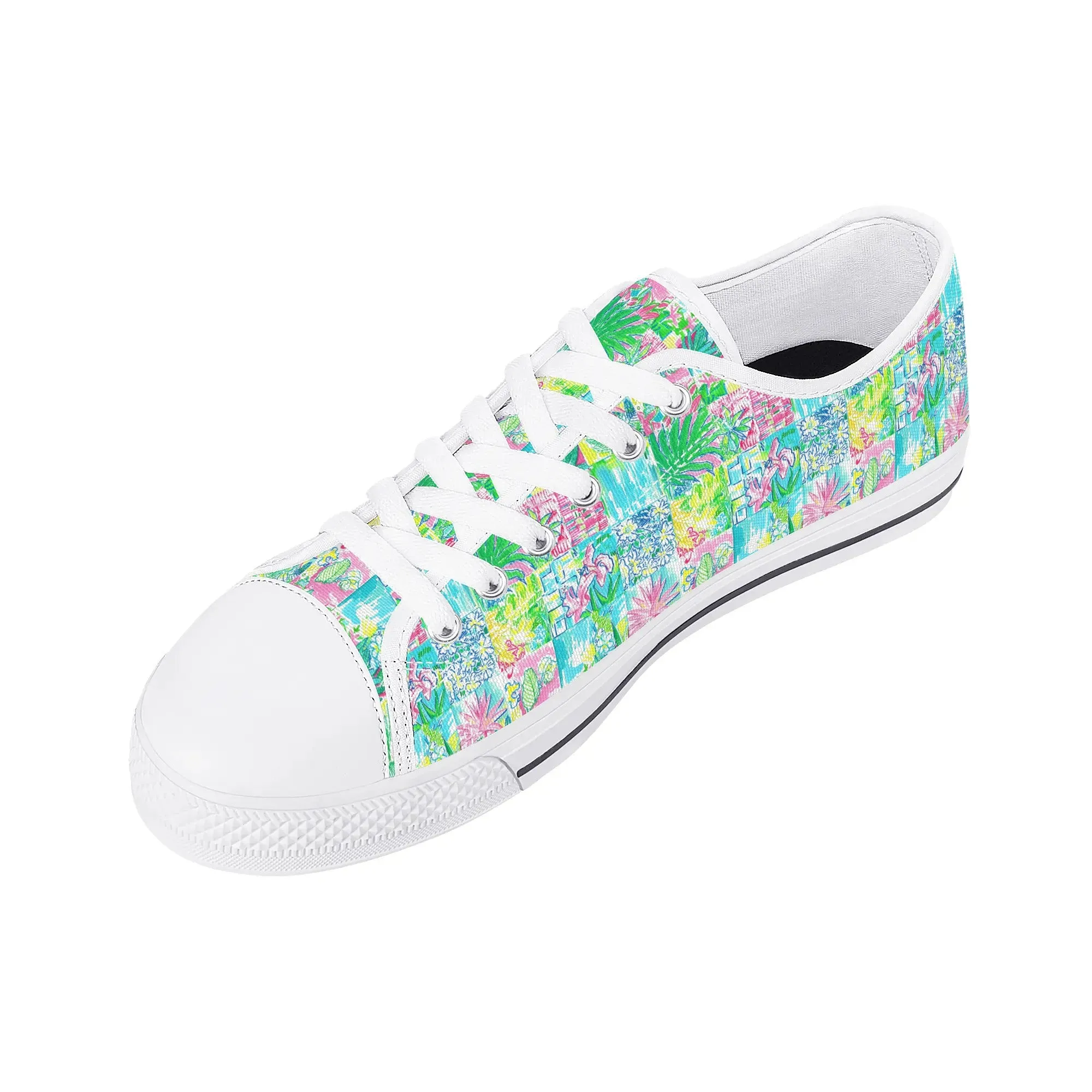 Whimsical Palm Trees and Flowers in Vibrant Pink, Teal, and Green Collage Print Womens Low Top Canvas Sneakers US5.5 - US12