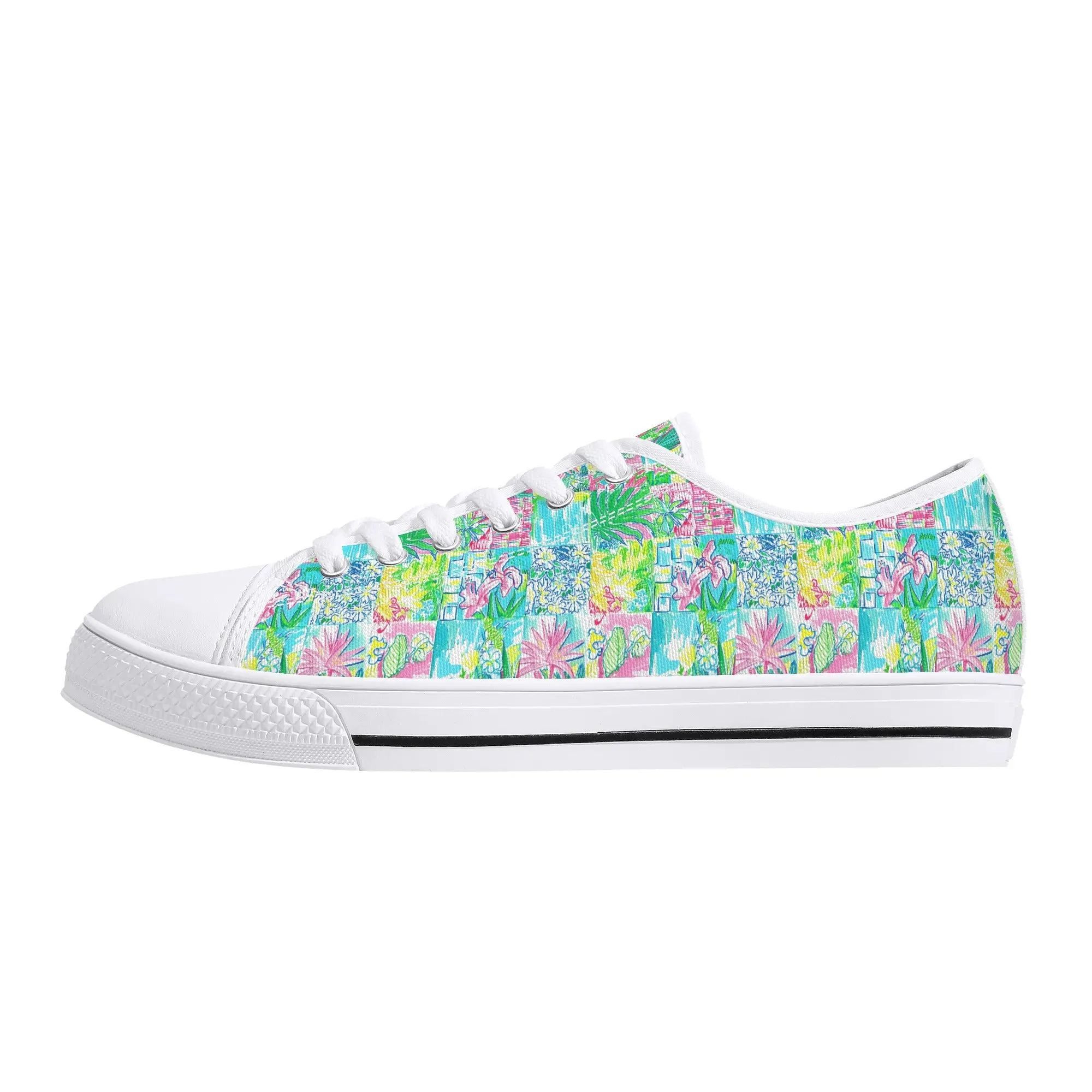 Whimsical Palm Trees and Flowers in Vibrant Pink, Teal, and Green Collage Print Womens Low Top Canvas Sneakers US5.5 - US12