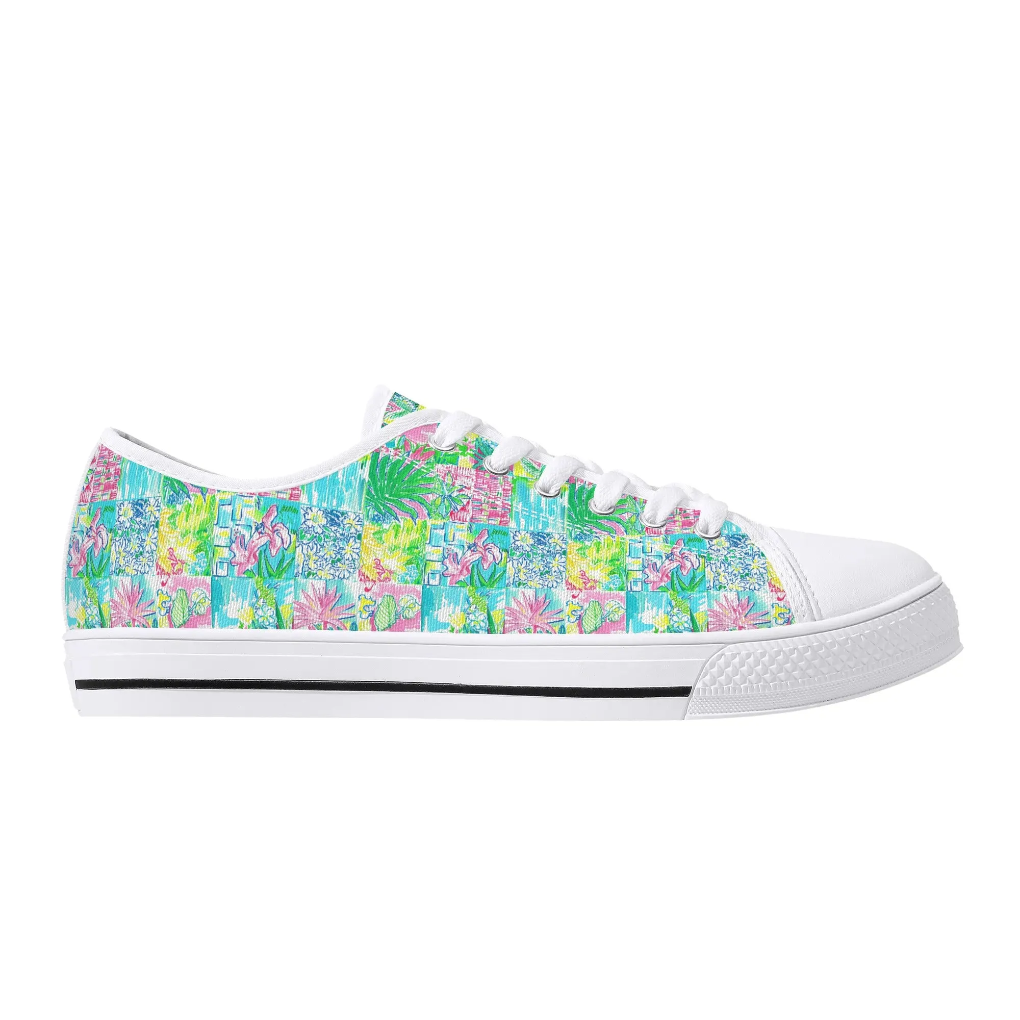 Whimsical Palm Trees and Flowers in Vibrant Pink, Teal, and Green Collage Print Womens Low Top Canvas Sneakers US5.5 - US12
