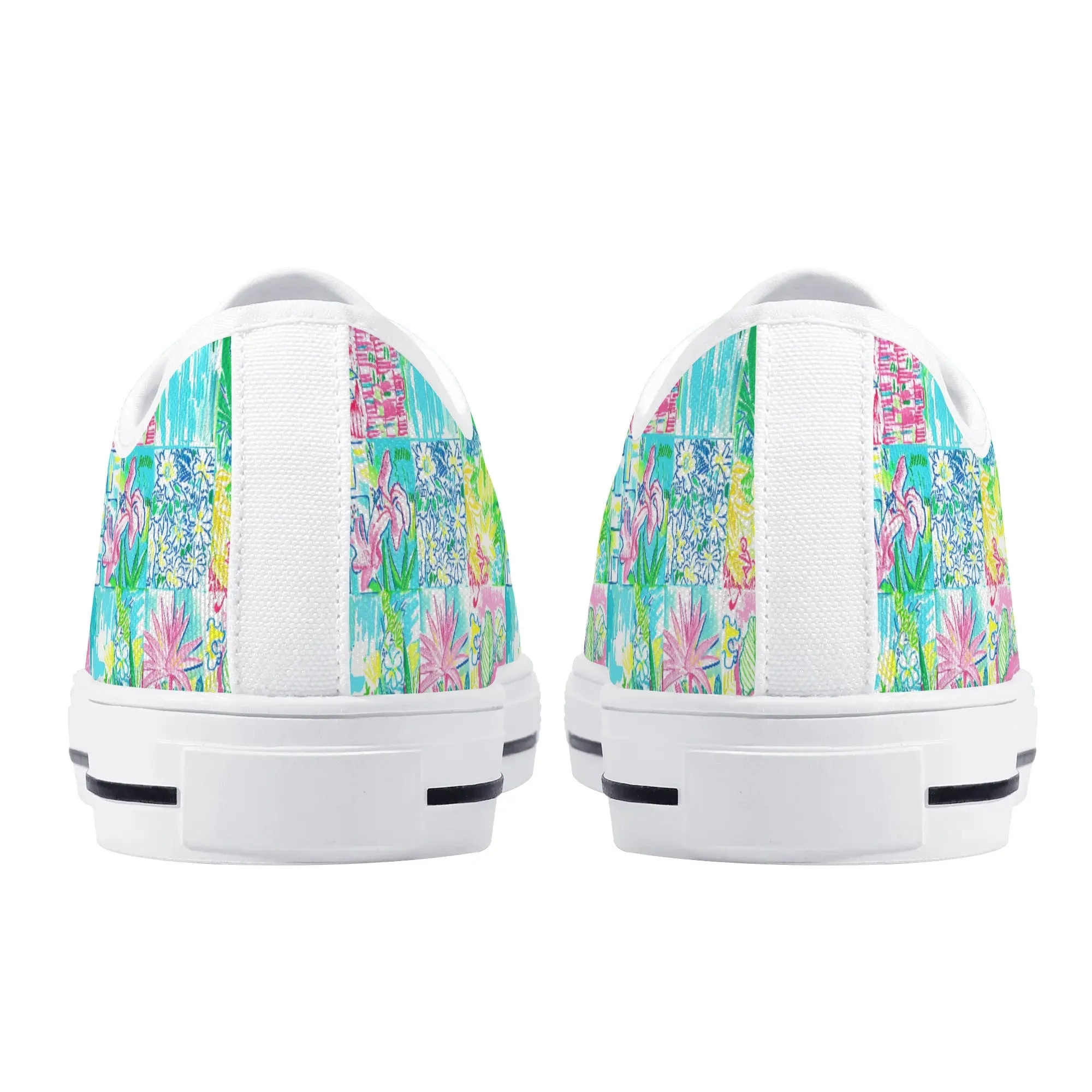 Whimsical Palm Trees and Flowers in Vibrant Pink, Teal, and Green Collage Print Womens Low Top Canvas Sneakers US5.5 - US12