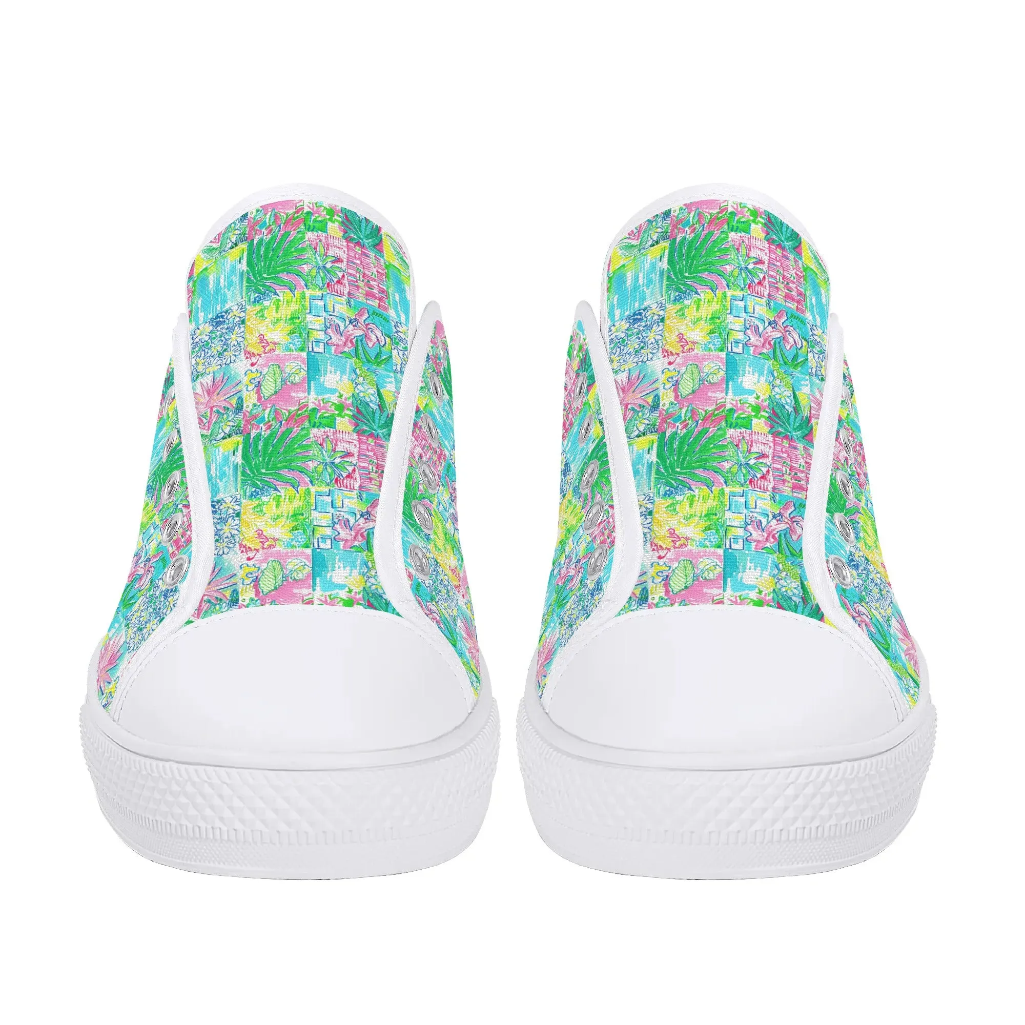 Whimsical Palm Trees and Flowers in Vibrant Pink, Teal, and Green Collage Print Womens Low Top Canvas Sneakers US5.5 - US12