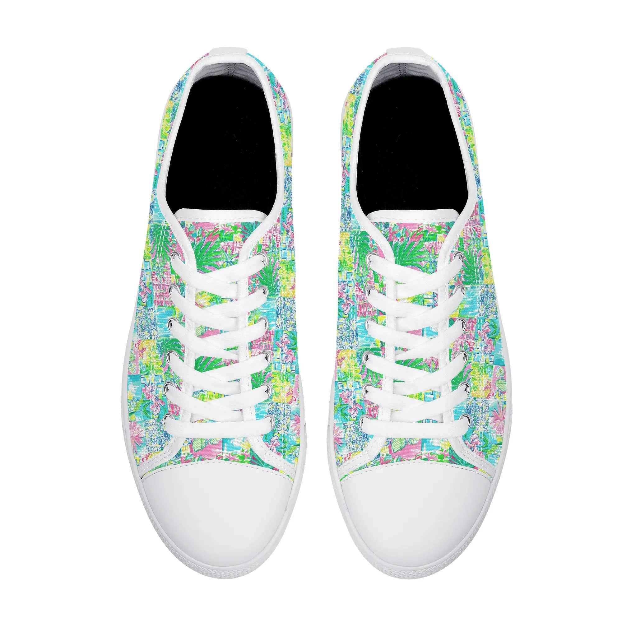 Whimsical Palm Trees and Flowers in Vibrant Pink, Teal, and Green Collage Print Womens Low Top Canvas Sneakers US5.5 - US12