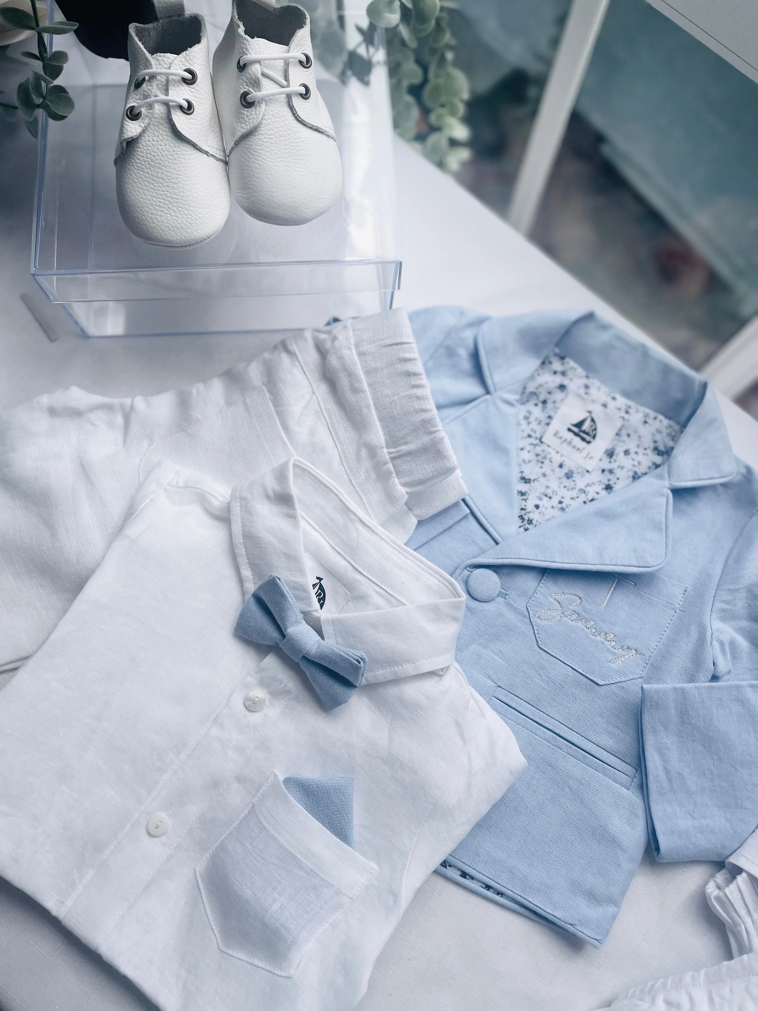 White and blue linen Baptism or Wedding Suit with Accessories and Embroidery Available