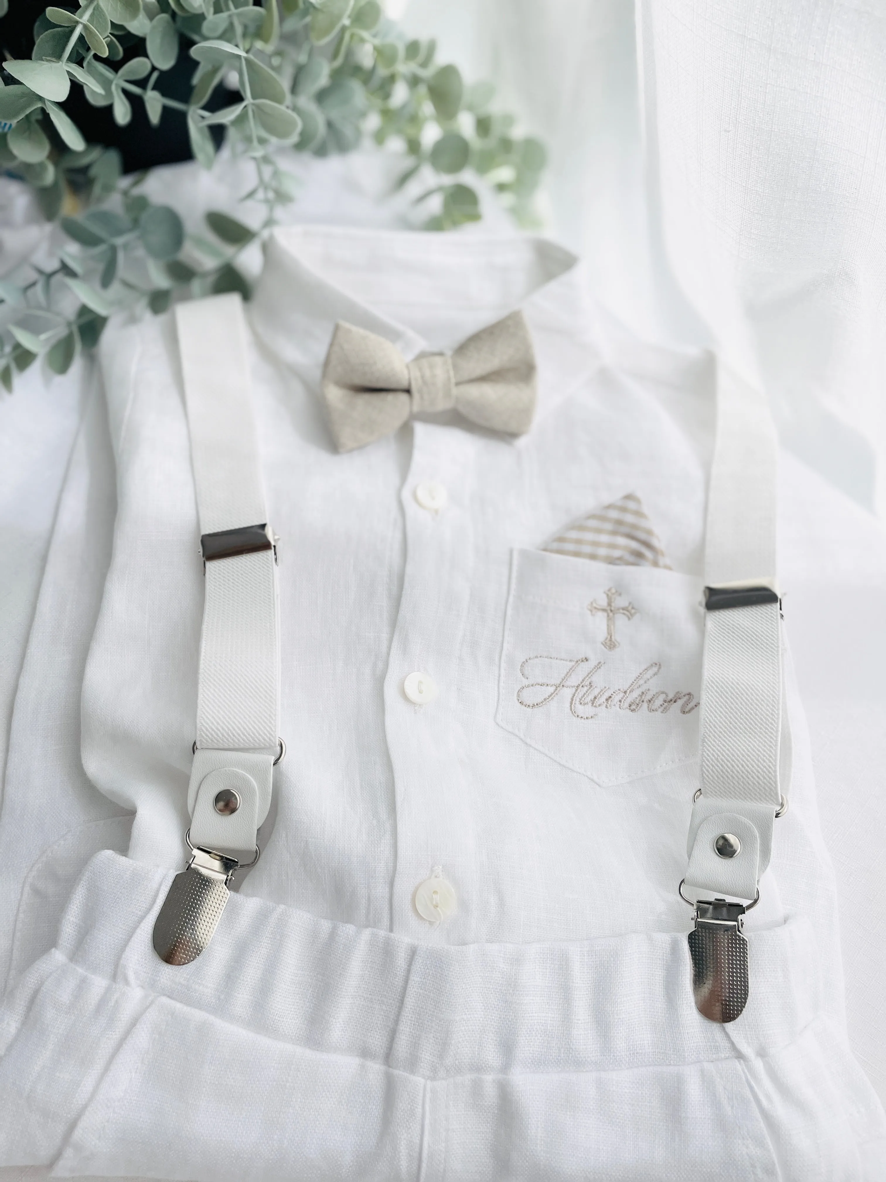 White and blue linen Baptism or Wedding Suit with Accessories and Embroidery Available
