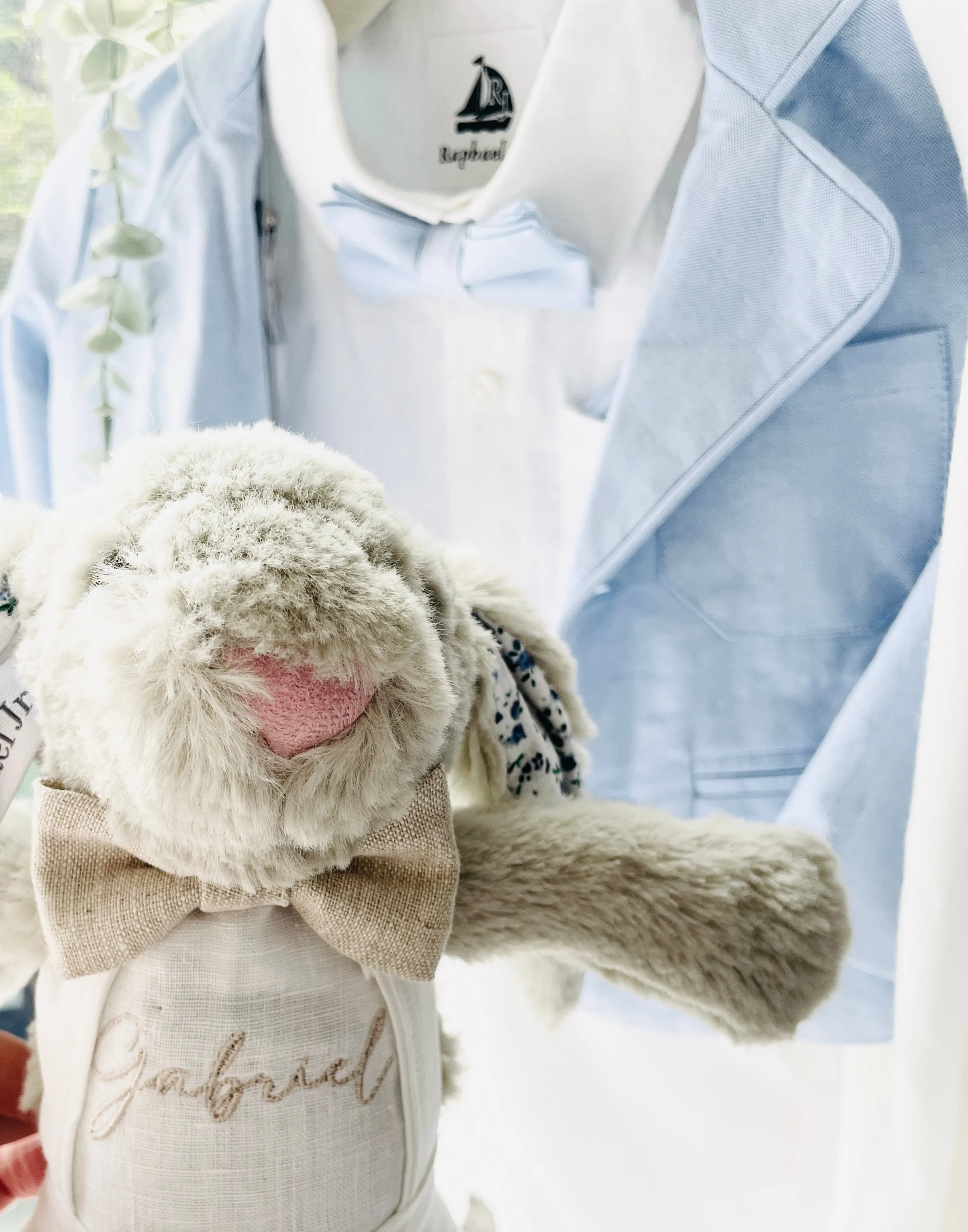 White and blue linen Baptism or Wedding Suit with Accessories and Embroidery Available