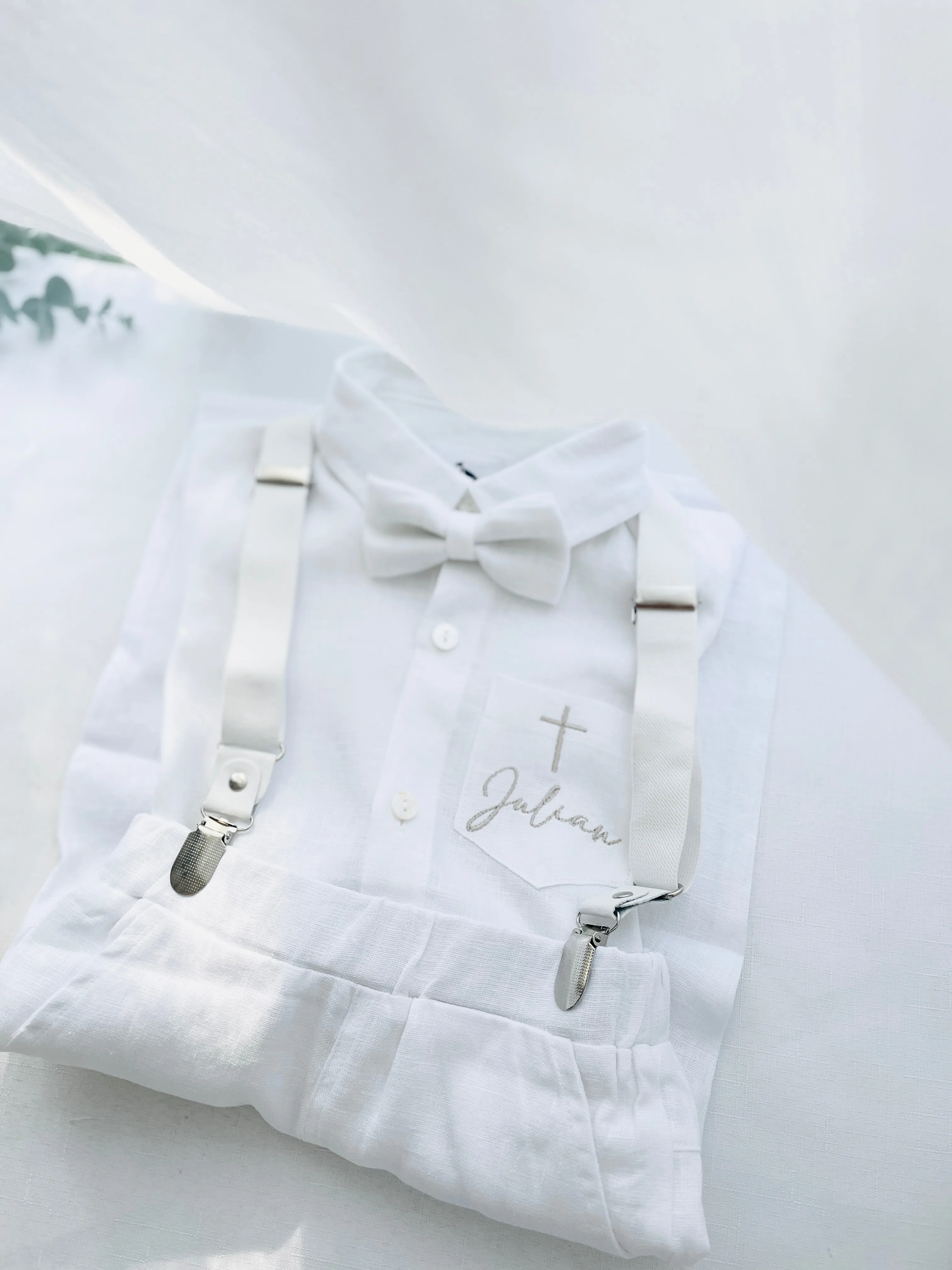 White and blue linen Baptism or Wedding Suit with Accessories and Embroidery Available