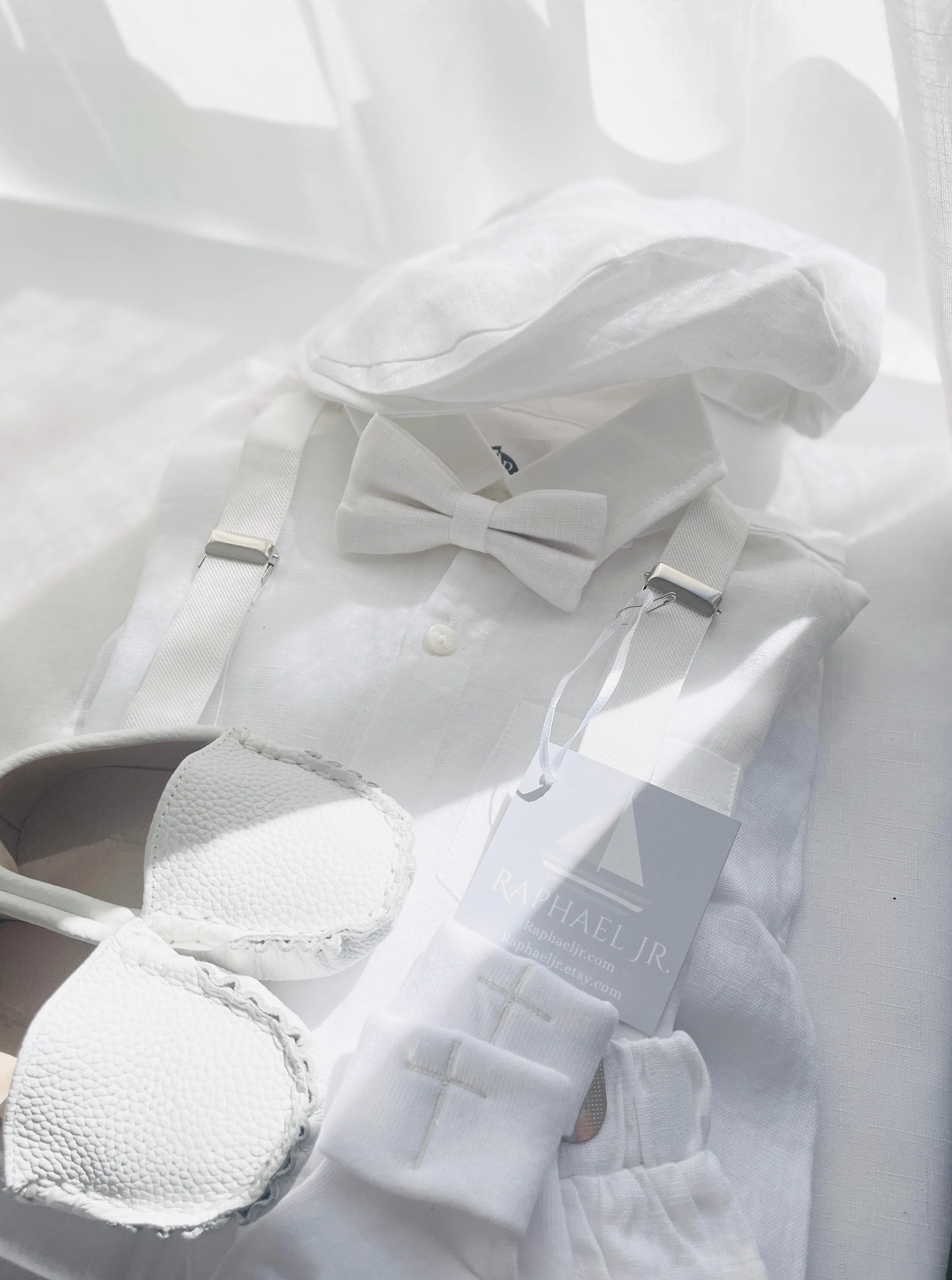White and blue linen Baptism or Wedding Suit with Accessories and Embroidery Available