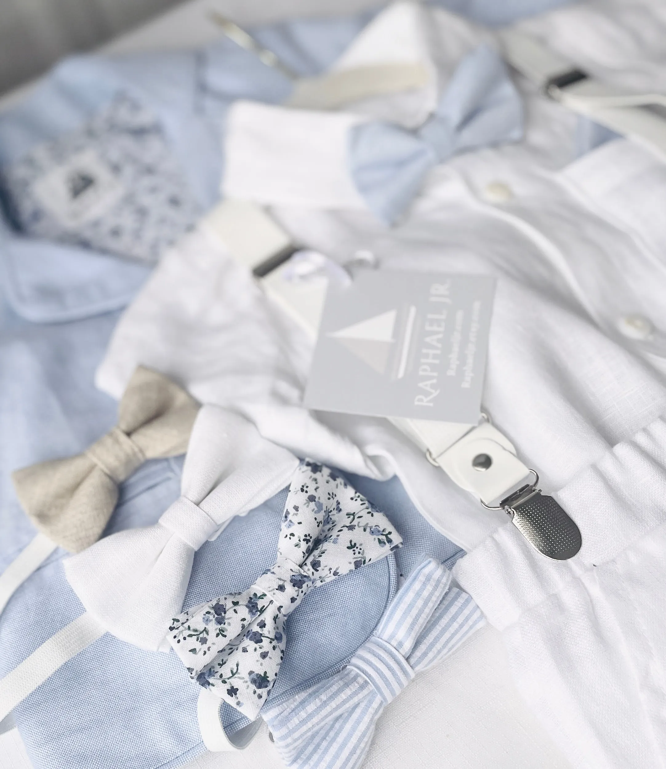 White and blue linen Baptism or Wedding Suit with Accessories and Embroidery Available