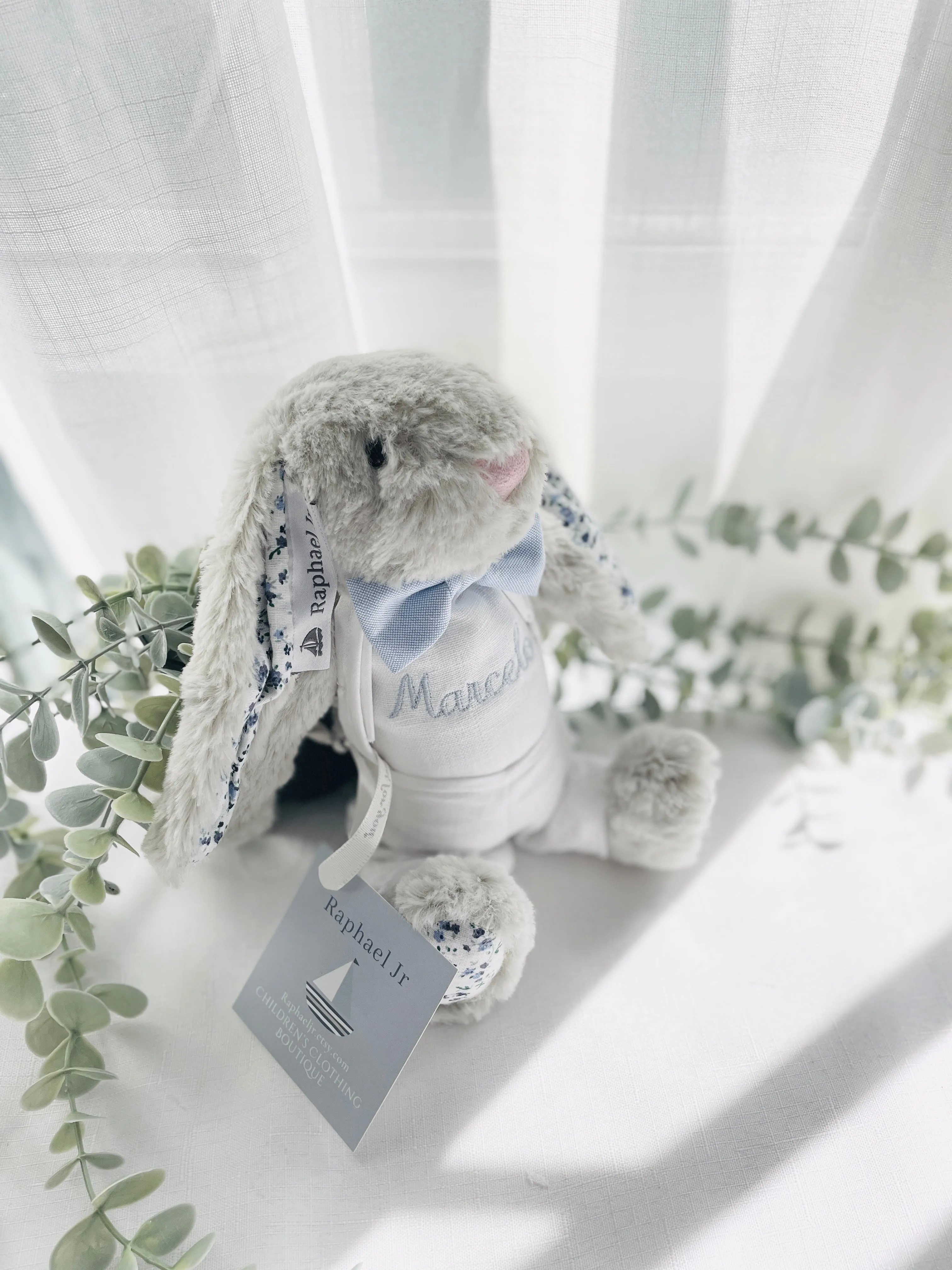 White and blue linen Baptism or Wedding Suit with Accessories and Embroidery Available