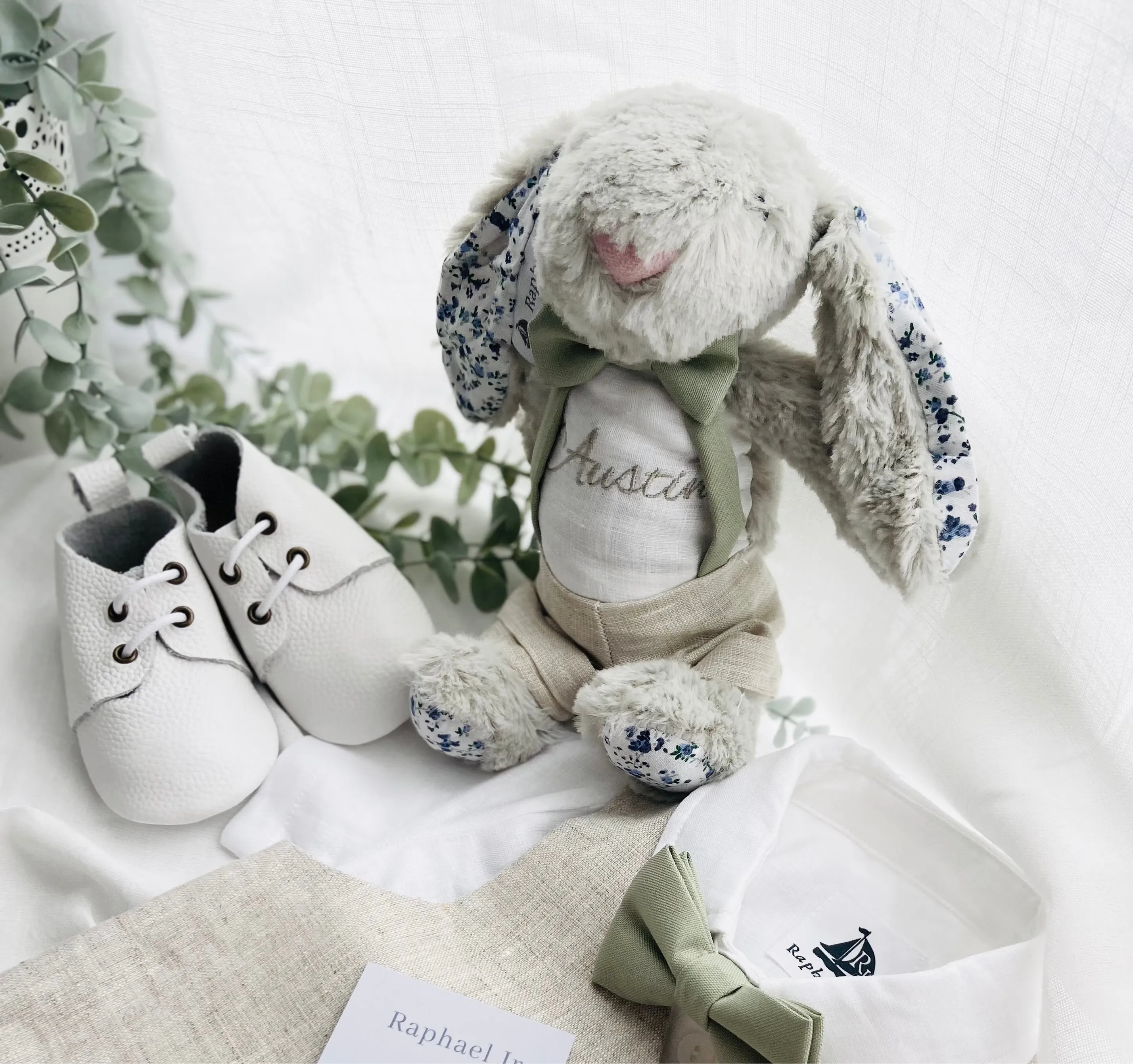 White and blue linen Baptism or Wedding Suit with Accessories and Embroidery Available