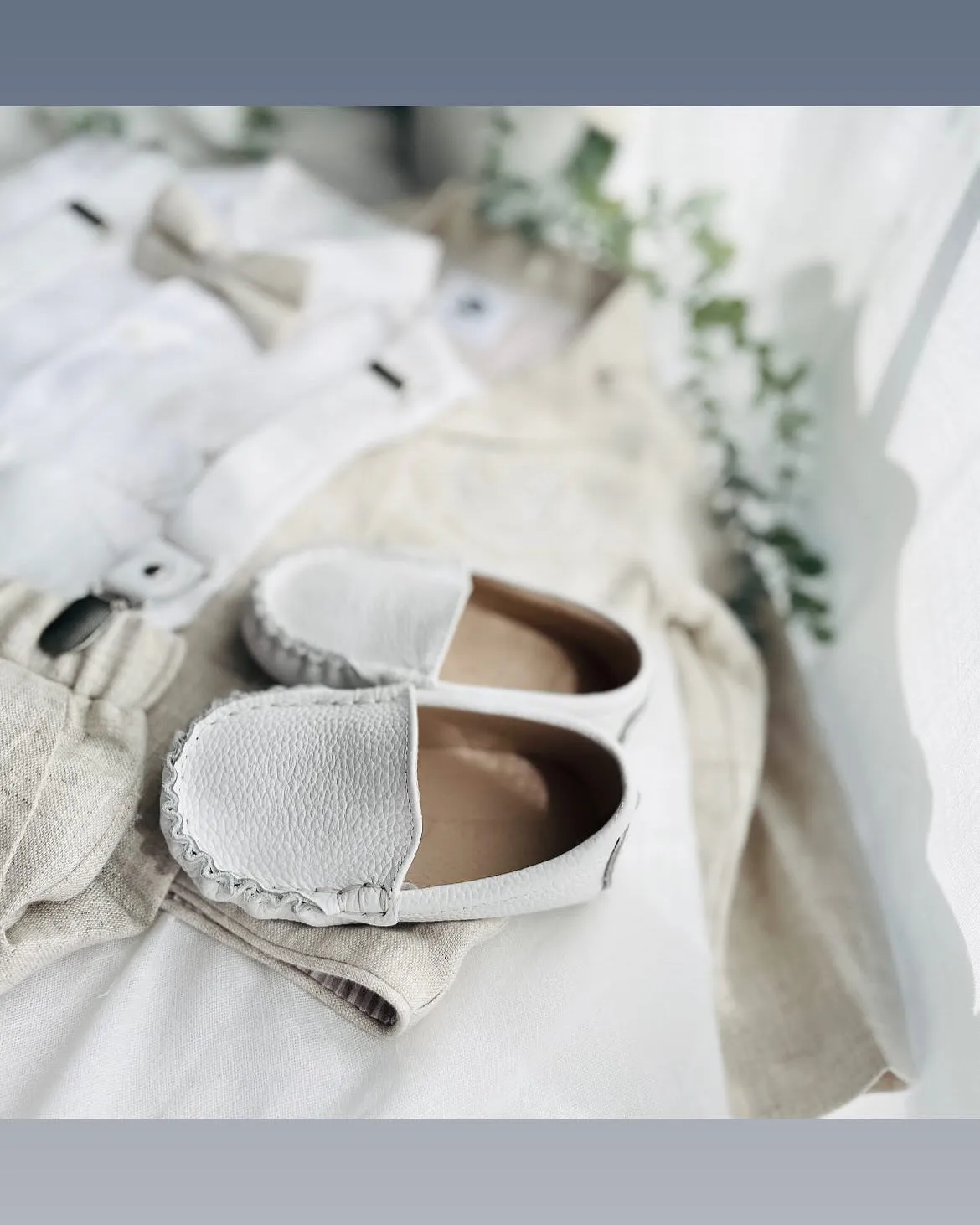 White and blue linen Baptism or Wedding Suit with Accessories and Embroidery Available