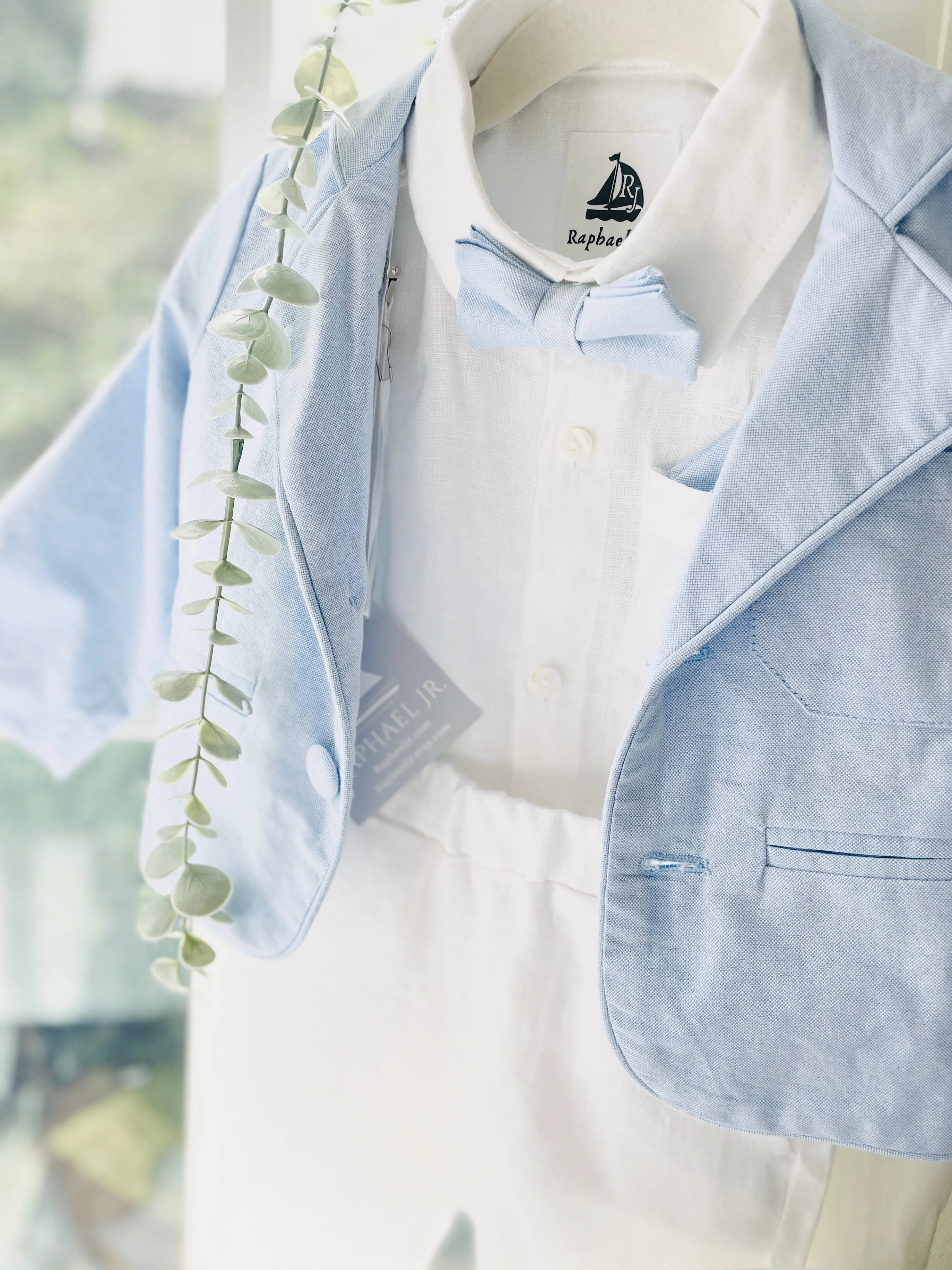 White and blue linen Baptism or Wedding Suit with Accessories and Embroidery Available