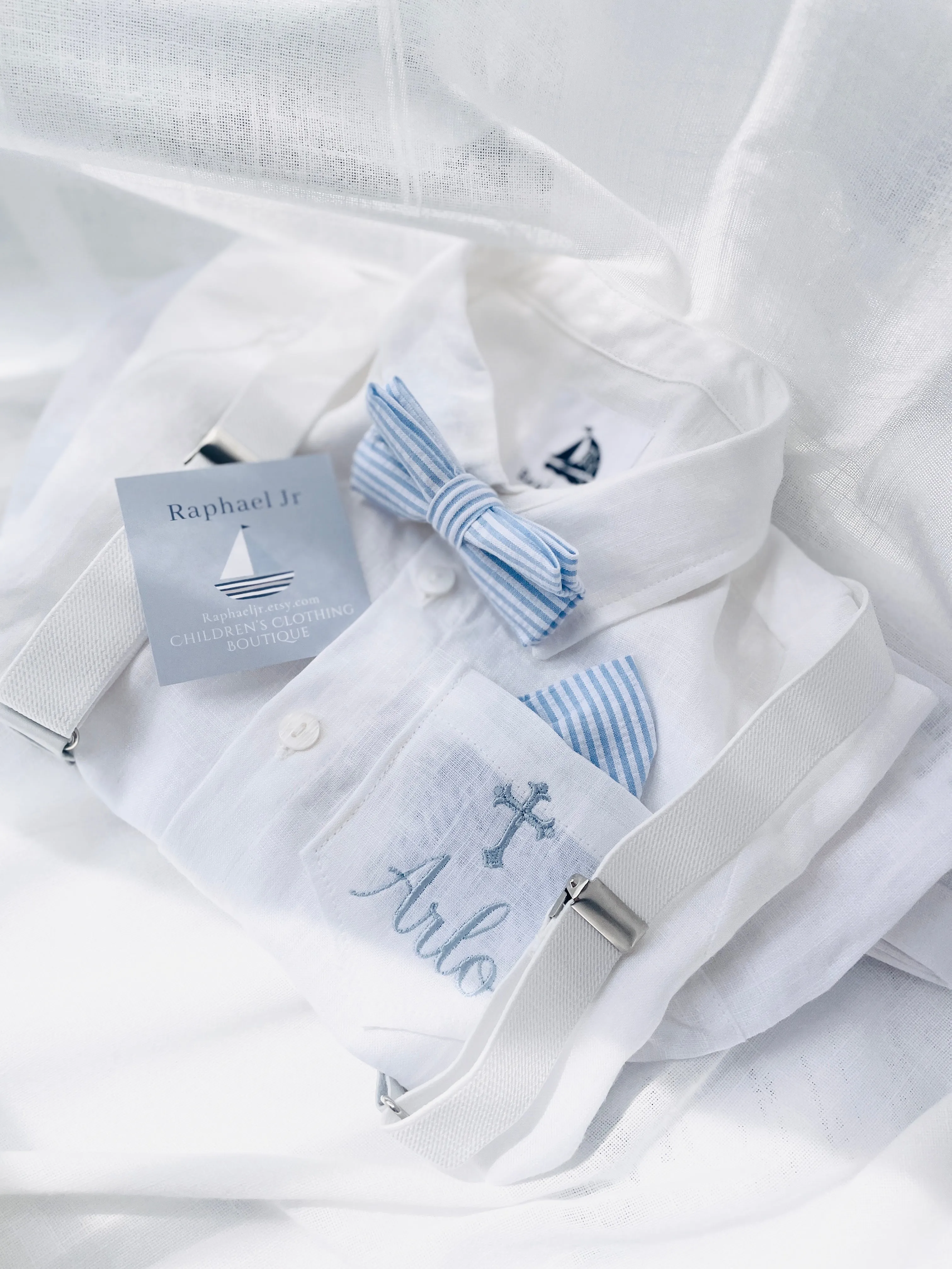 White and blue linen Baptism or Wedding Suit with Accessories and Embroidery Available