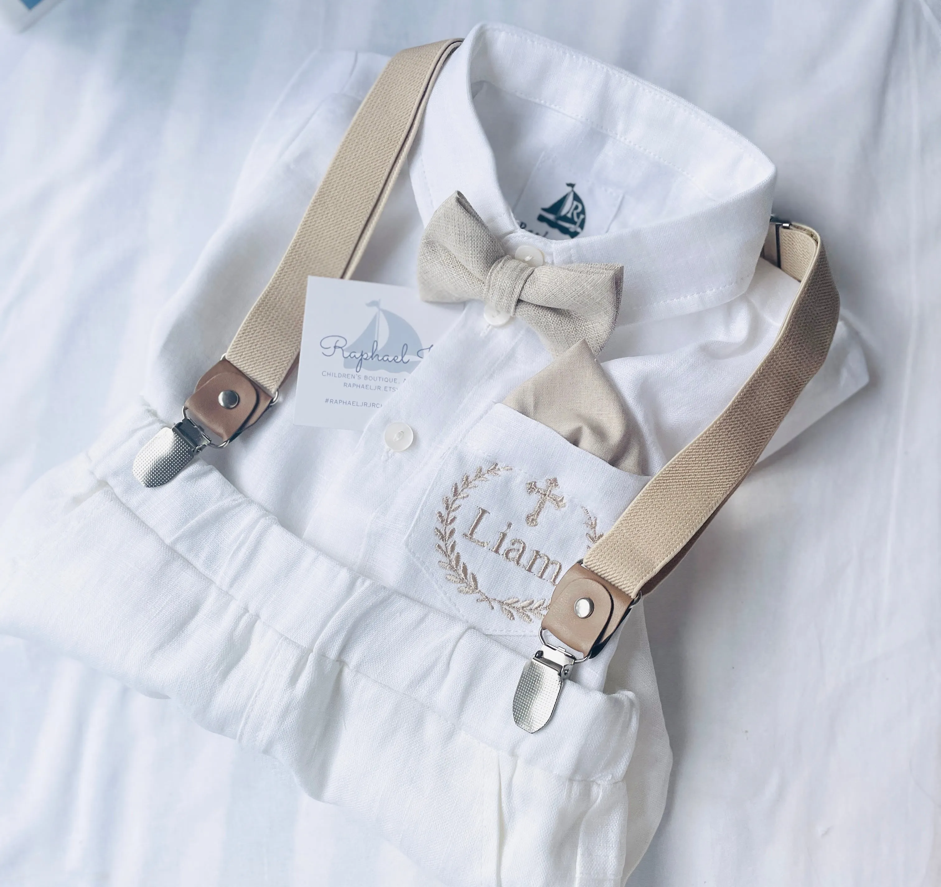 White and blue linen Baptism or Wedding Suit with Accessories and Embroidery Available