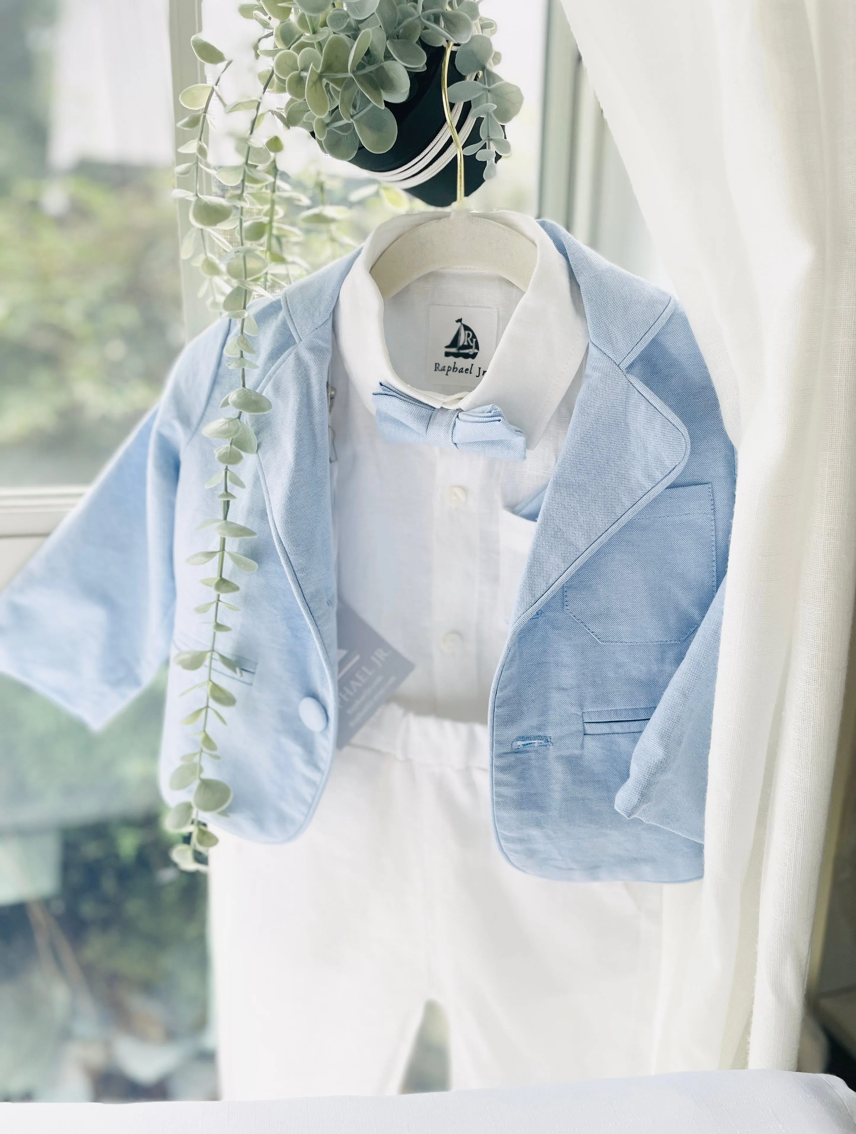 White and blue linen Baptism or Wedding Suit with Accessories and Embroidery Available