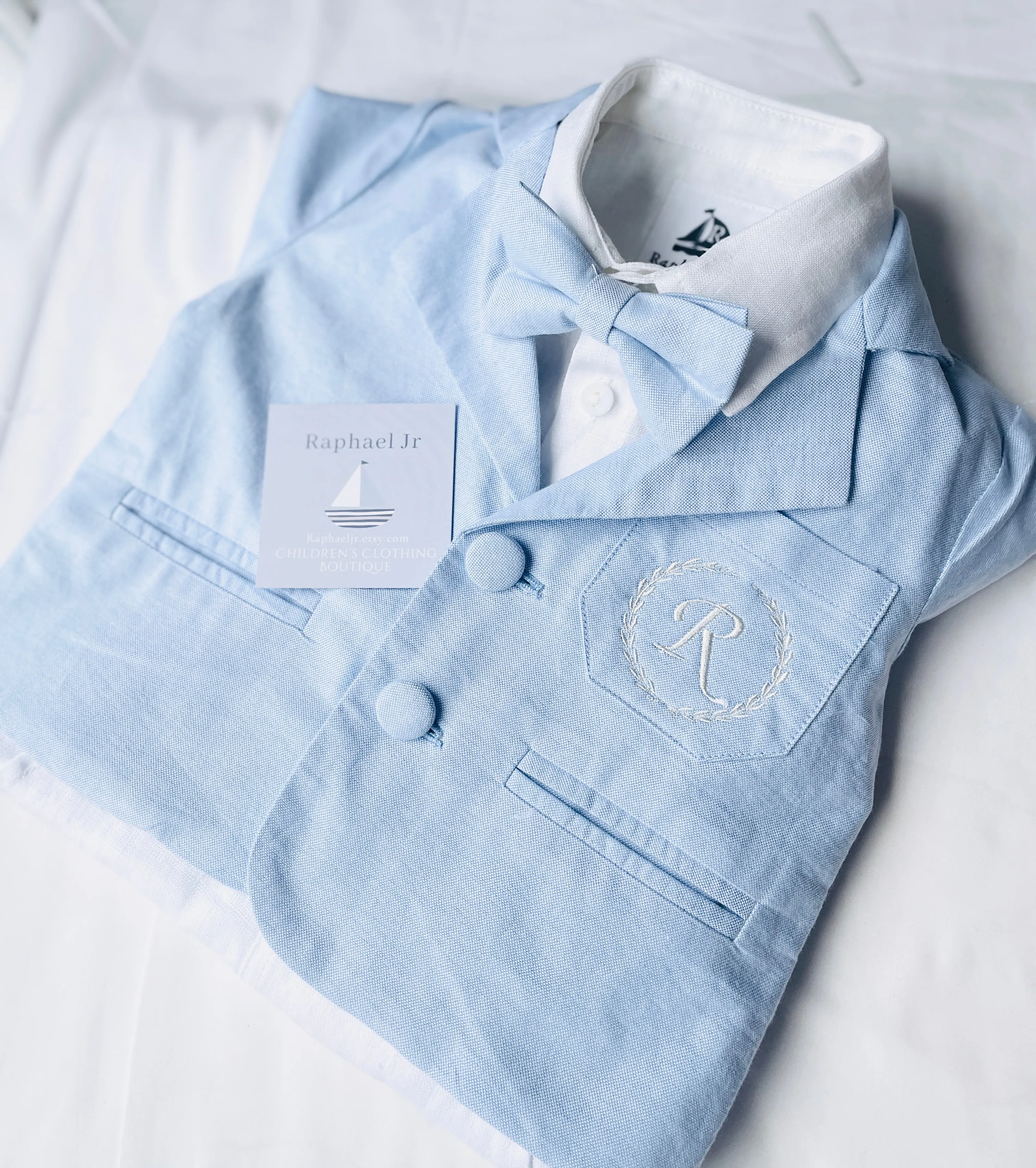 White and blue linen Baptism or Wedding Suit with Accessories and Embroidery Available