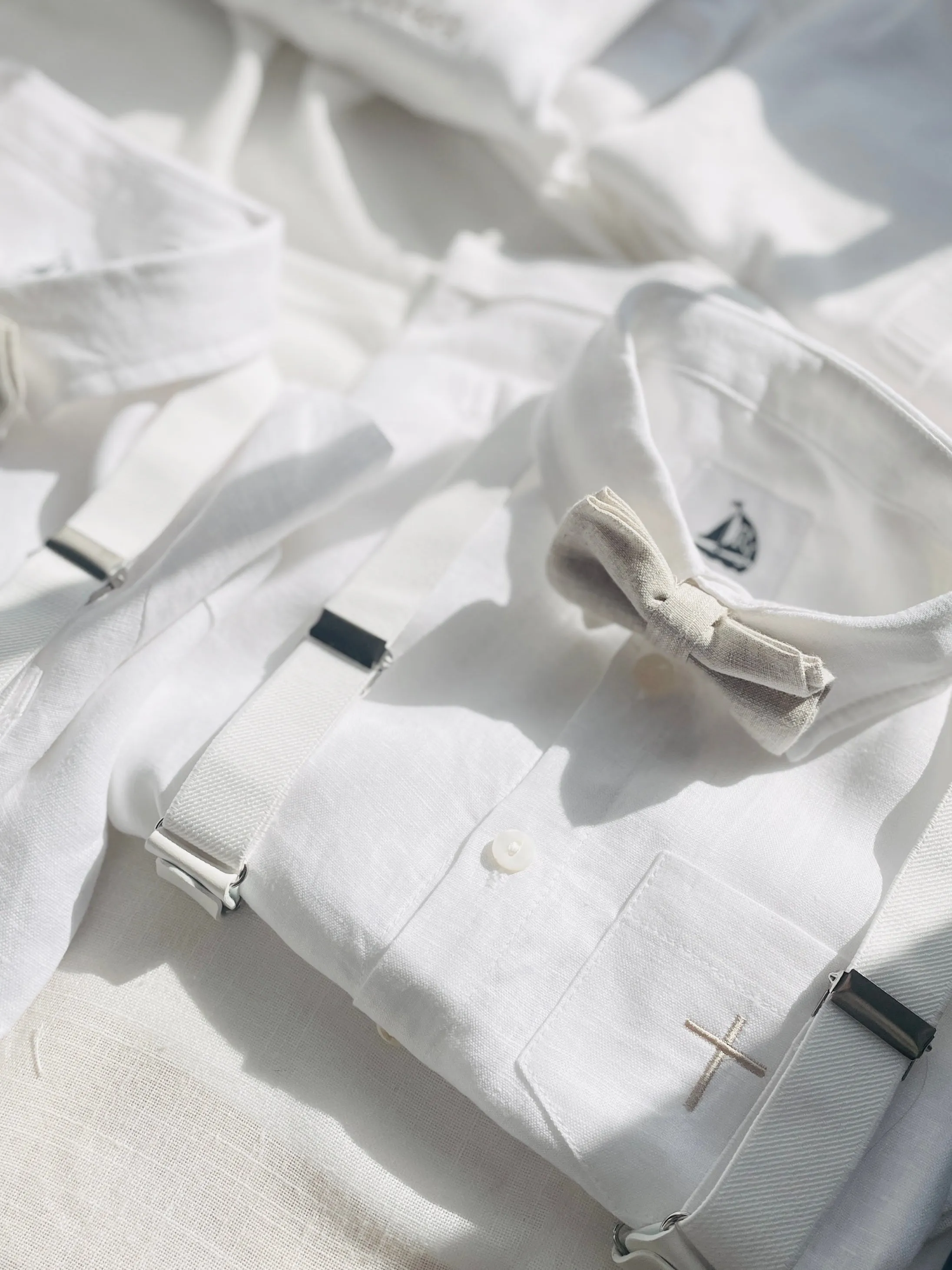 White and blue linen Baptism or Wedding Suit with Accessories and Embroidery Available
