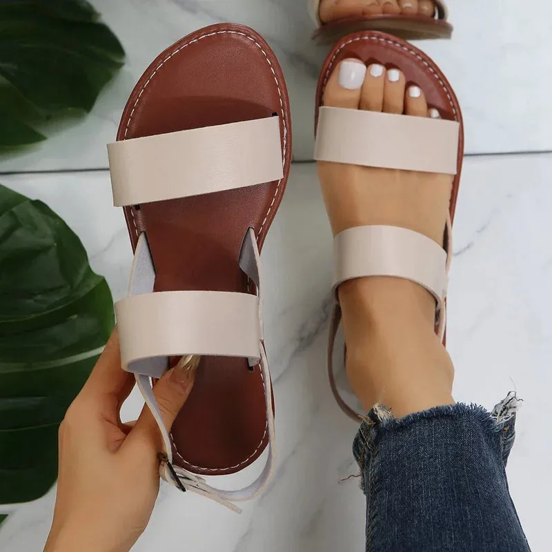 Women Flat Sandals 2023 Leather Cross Strap Rome Style High Quality Summer Ladies Shoes  Buckle Strap