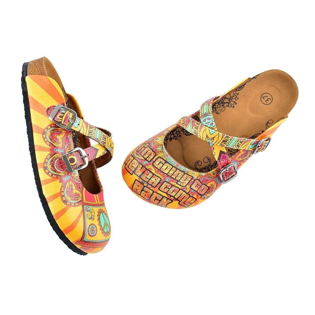 Yellow & Red Peace Sign Cross-Strap Clogs WCAL134