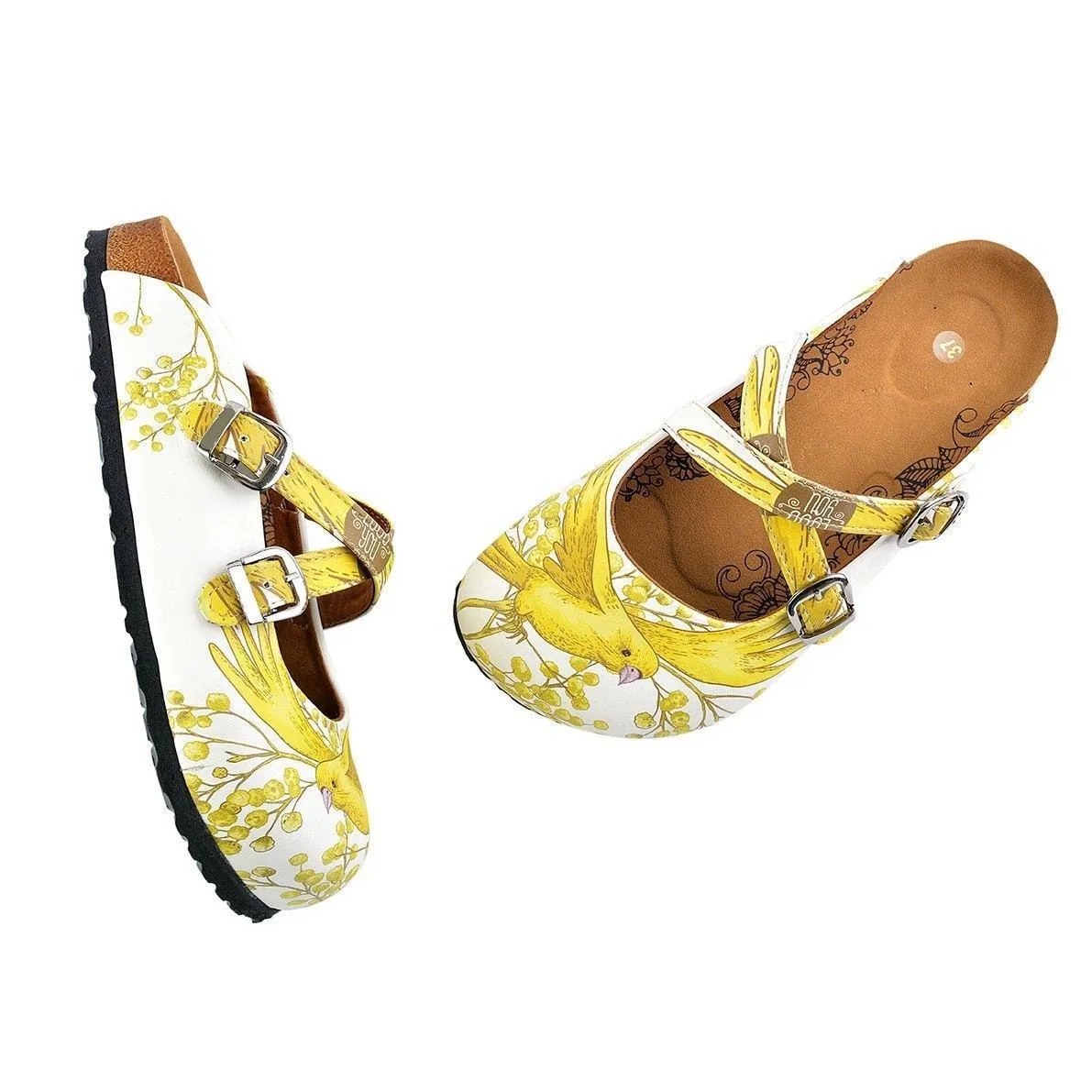 Yellow & White Bird Cross-Strap Clogs WCAL135